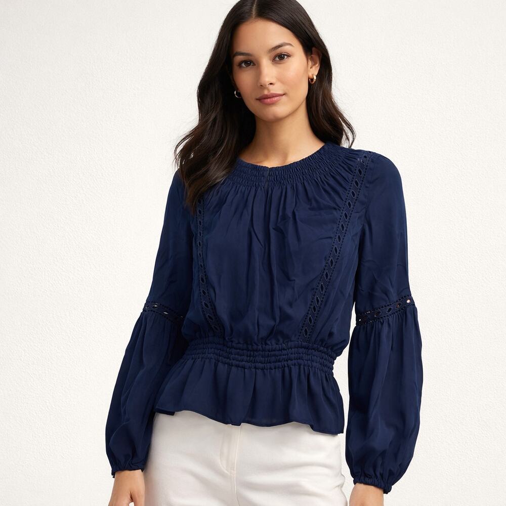 Intermix Women's Elastic Waist Eyelet Blouse Top Puff Sleeve Navy Blue Size XS/P